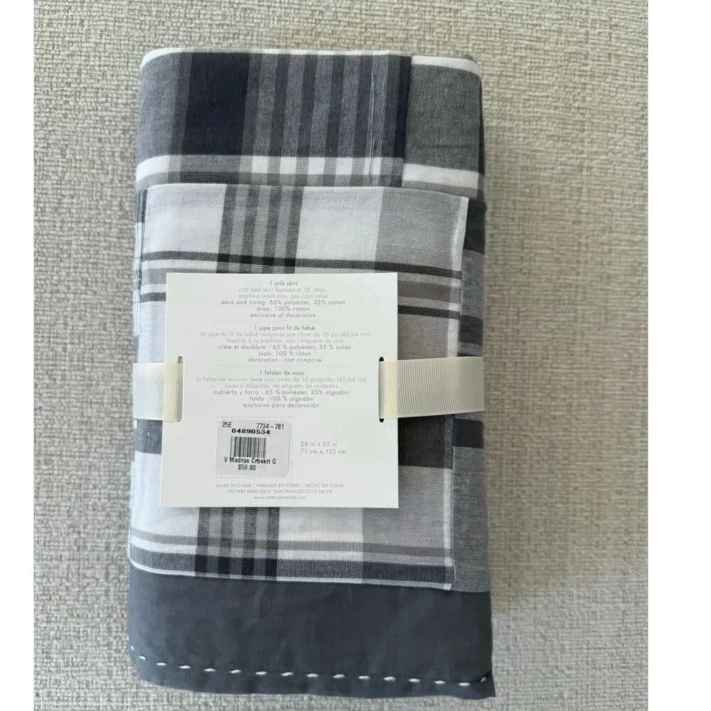 NWT POTTERY BARN Baby MADRAS CRIB SKIRT GRAY‎ PLAID. SIZE 28